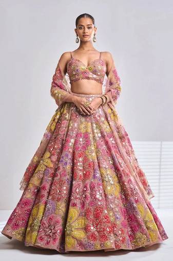 Chiku Color Multi-Color Thread Embroidery,Coding Work Sequins Work Faux Georgette Lehenga Choli