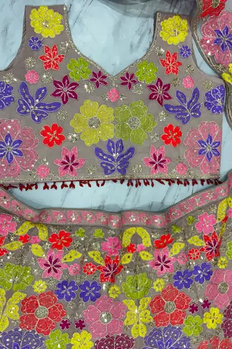 Chiku Color Multi-Color Thread Embroidery,Coding Work Sequins Work Faux Georgette Lehenga Choli