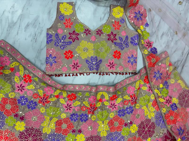 Chiku Color Multi-Color Thread Embroidery,Coding Work Sequins Work Faux Georgette Lehenga Choli