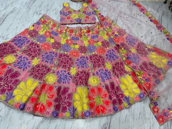 Chiku Color Multi-Color Thread Embroidery,Coding Work Sequins Work Faux Georgette Lehenga Choli 5