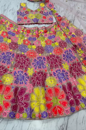 Chiku Color Multi-Color Thread Embroidery,Coding Work Sequins Work Faux Georgette Lehenga Choli