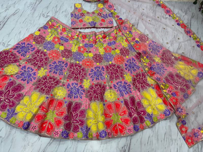 Chiku Color Multi-Color Thread Embroidery,Coding Work Sequins Work Faux Georgette Lehenga Choli