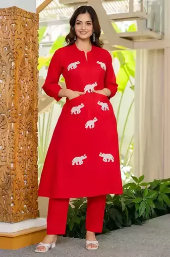 Red Embroidered Cotton Kurta Sets