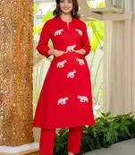Red Embroidered Cotton Kurta Sets