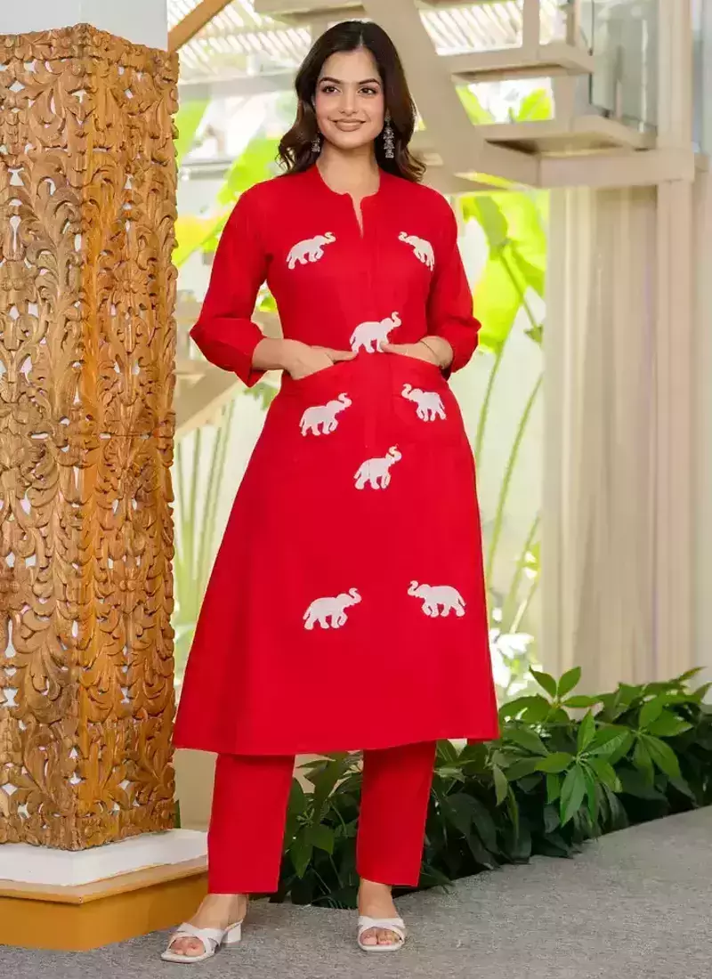 Red Embroidered Cotton Kurta Sets