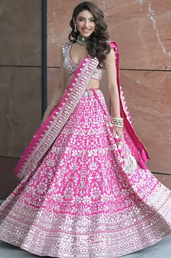 Pink Color Thread Embroidery,Foil Mirror Work,Zari Work Sequins Work Faux Georgette Lehenga Choli