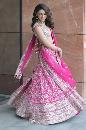 Pink Color Thread Embroidery,Foil Mirror Work,Zari Work Sequins Work Faux Georgette Lehenga Choli