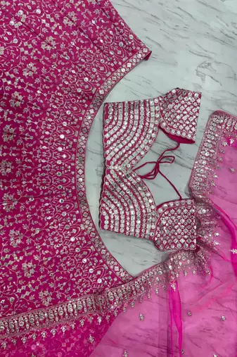 Pink Color Thread Embroidery,Foil Mirror Work,Zari Work Sequins Work Faux Georgette Lehenga Choli