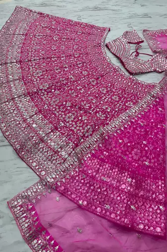 Pink Color Thread Embroidery,Foil Mirror Work,Zari Work Sequins Work Faux Georgette Lehenga Choli