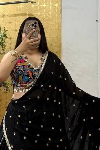 Black Color Digital Printed With Real Mirror Work Creap And Satin Silk Lehenga Choli