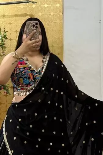 Black Color Digital Printed With Real Mirror Work Creap And Satin Silk Lehenga Choli