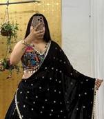 Black Color Digital Printed With Real Mirror Work Creap And Satin Silk Lehenga Choli