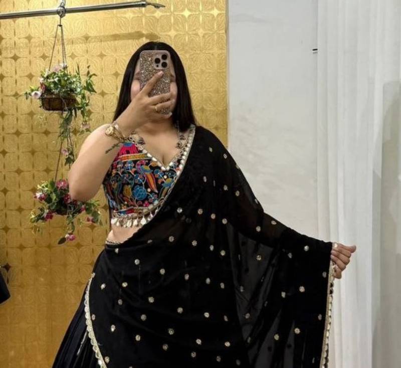 Black Color Digital Printed With Real Mirror Work Creap And Satin Silk Lehenga Choli
