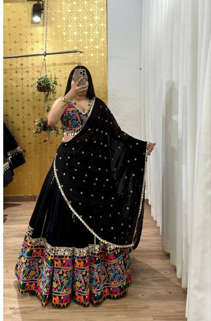 Black Color Digital Printed With Real Mirror Work Creap And Satin Silk Lehenga Choli