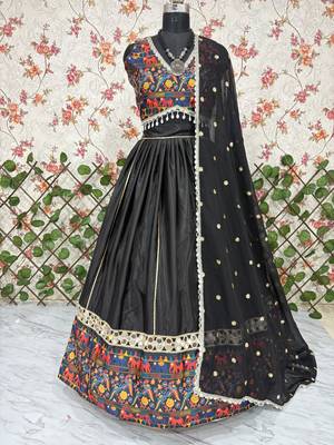Black Color Digital Printed With Real Mirror Work Creap And Satin Silk Lehenga Choli 3