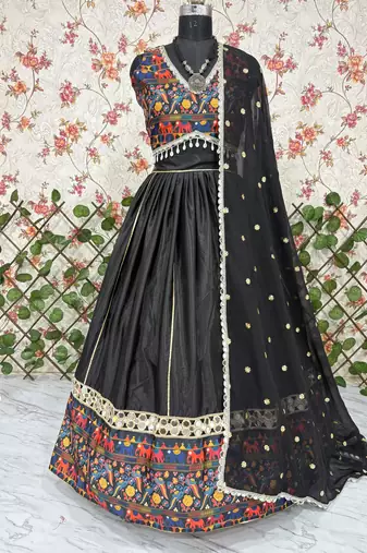 Black Color Digital Printed With Real Mirror Work Creap And Satin Silk Lehenga Choli