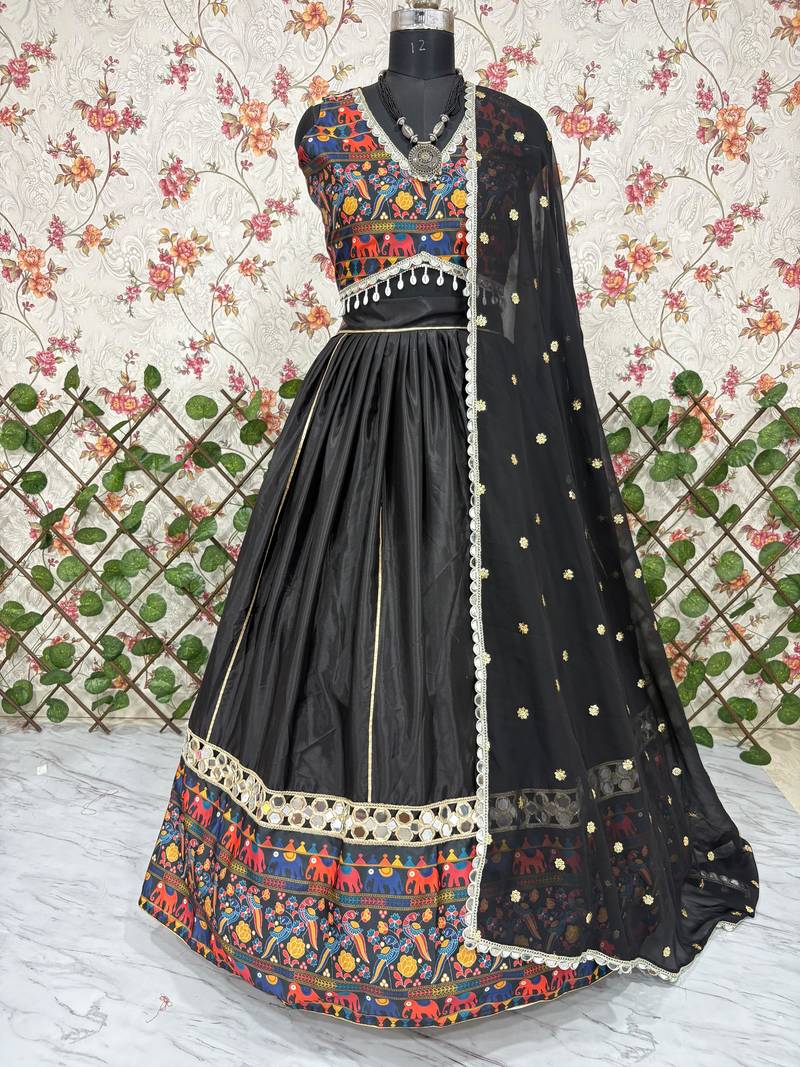 Black Color Digital Printed With Real Mirror Work Creap And Satin Silk Lehenga Choli
