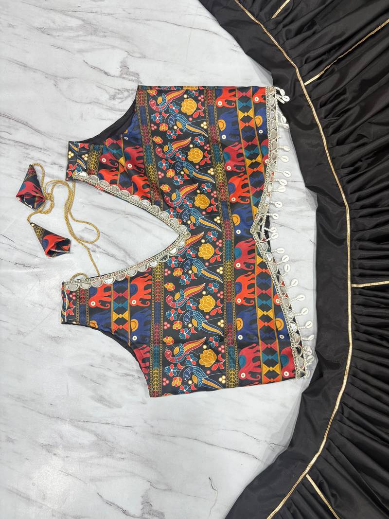 Black Color Digital Printed With Real Mirror Work Creap And Satin Silk Lehenga Choli