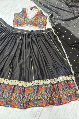 Black Color Digital Printed With Real Mirror Work Creap And Satin Silk Lehenga Choli