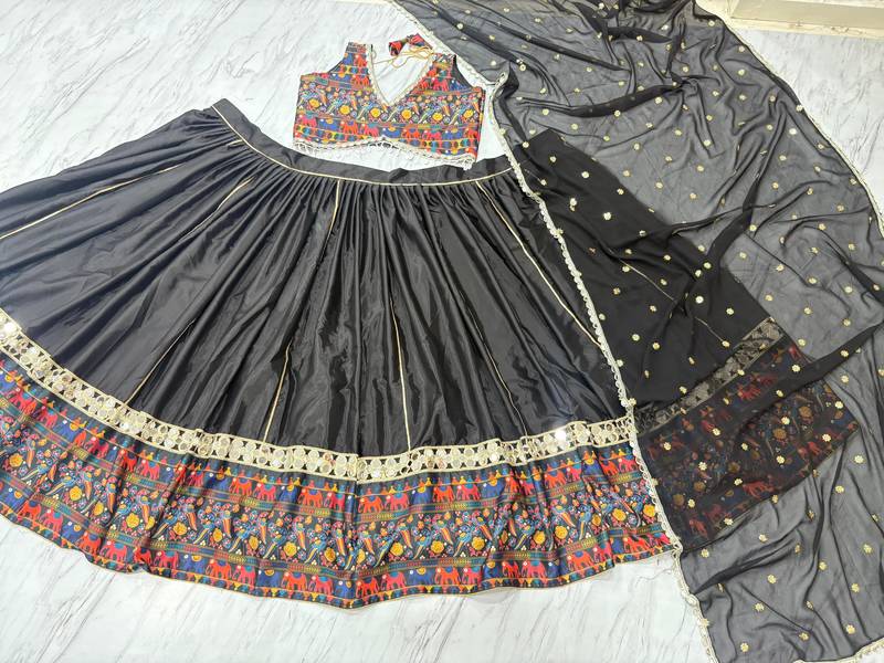 Black Color Digital Printed With Real Mirror Work Creap And Satin Silk Lehenga Choli