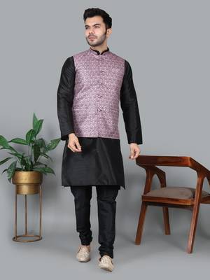 Men   s black kurta churidar with printed pink waistcoat (rg-19546-36) 1