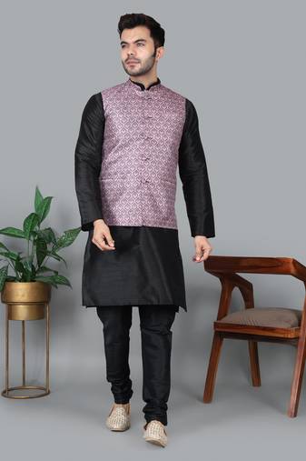 Men’s black kurta churidar with printed pink waistcoat (rg-19546-36)