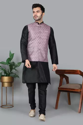 Men’s black kurta churidar with printed pink waistcoat (rg-19546-36)