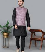 Men   s black kurta churidar with printed pink waistcoat (rg-19546-36)