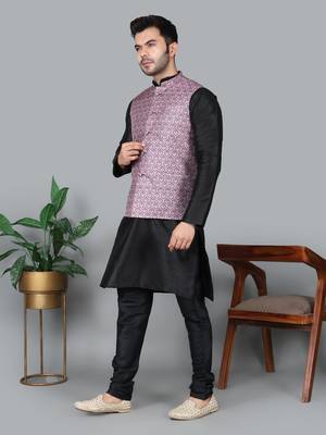 Men   s black kurta churidar with printed pink waistcoat (rg-19546-36) 2