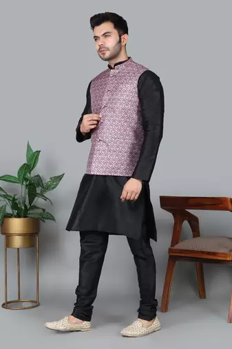 Men   s black kurta churidar with printed pink waistcoat (rg-19546-36)