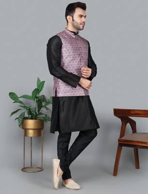 Men   s black kurta churidar with printed pink waistcoat (rg-19546-36) 3