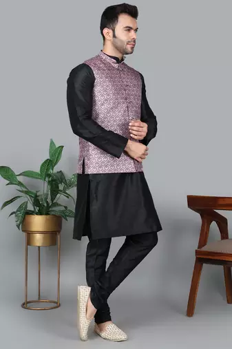 Men   s black kurta churidar with printed pink waistcoat (rg-19546-36)