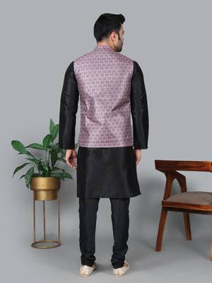 Men   s black kurta churidar with printed pink waistcoat (rg-19546-36) 5