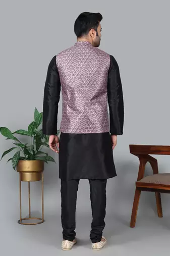 Men   s black kurta churidar with printed pink waistcoat (rg-19546-36)