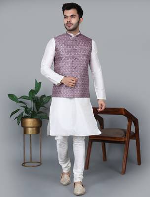 Men   s cream kurta churidar with printed pink waistcoat (rg-19547-36) 1