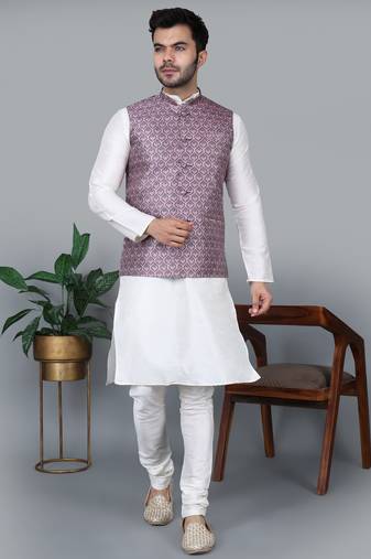 Men’s cream kurta churidar with printed pink waistcoat (rg-19547-36)
