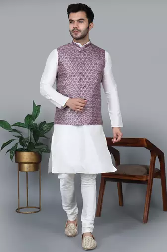 Men’s cream kurta churidar with printed pink waistcoat (rg-19547-36)