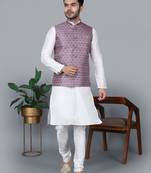 Men’s cream kurta churidar with printed pink waistcoat (rg-19547-36)