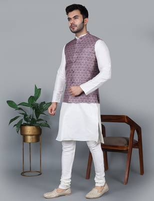 Men   s cream kurta churidar with printed pink waistcoat (rg-19547-36) 2