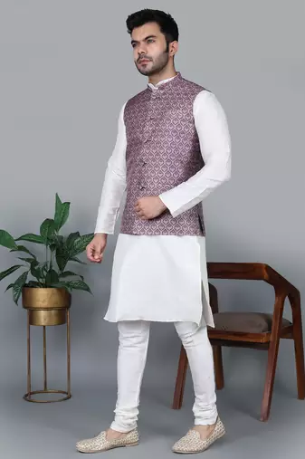Men   s cream kurta churidar with printed pink waistcoat (rg-19547-36)