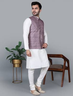 Men   s cream kurta churidar with printed pink waistcoat (rg-19547-36) 3
