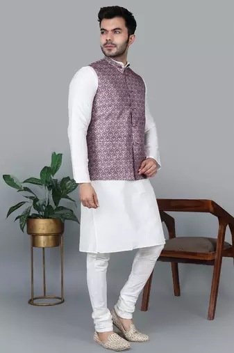 Men   s cream kurta churidar with printed pink waistcoat (rg-19547-36)