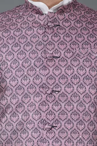 Men   s cream kurta churidar with printed pink waistcoat (rg-19547-36)