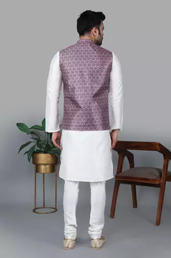 Men   s cream kurta churidar with printed pink waistcoat (rg-19547-36)