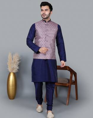 Men   s navy blue kurta churidar with printed pink waistcoat (rg-19548-36) 1