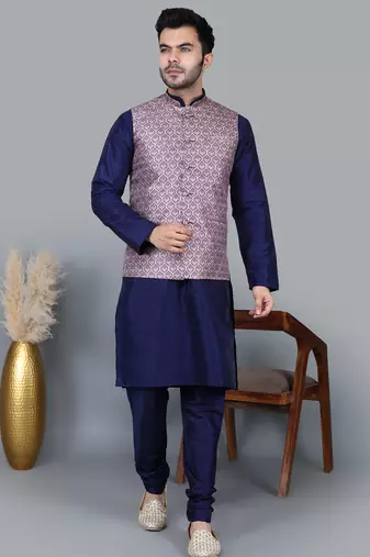 Men’s navy blue kurta churidar with printed pink waistcoat (rg-19548-36)