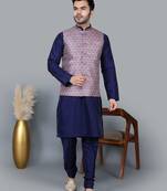 Men   s navy blue kurta churidar with printed pink waistcoat (rg-19548-36)