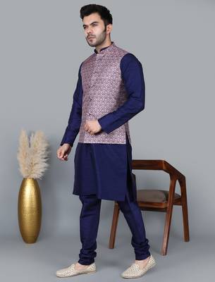 Men   s navy blue kurta churidar with printed pink waistcoat (rg-19548-36) 2