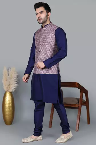 Men   s navy blue kurta churidar with printed pink waistcoat (rg-19548-36)
