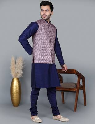 Men   s navy blue kurta churidar with printed pink waistcoat (rg-19548-36) 3
